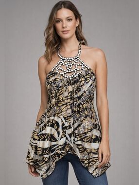 VENUS Y2K Fairy Hi Low Glam Shimmering Embellished Halter Neck Women's Top Sz M